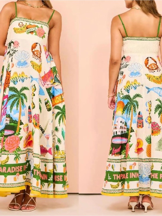 Dresses & Skirts - Tropical Print White Maxi Dress with Green Straps size medium